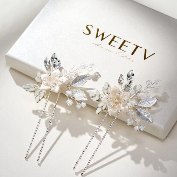 Wedding Hair Pins Set Silver Beaded Ceramic Flower Bridal Hair Accessories